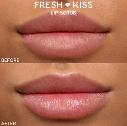 Close-up lips showcase a before-and-after using ColourPop Lip Scrub, Vanilla Cake (Fresh Kiss): before looks dry and flaky, after appears smoother, softer, and glossy, highlighting exfoliation and hydration results on a neutral-toned face.