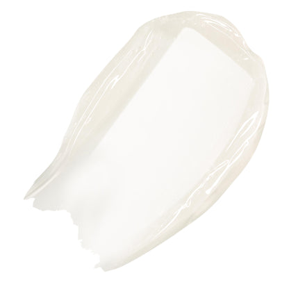 Clear, high-shine swatch of ColourPop Fresh Kiss Glossy Balm in Vanilla Cake, swept in a thick arc on a white background.