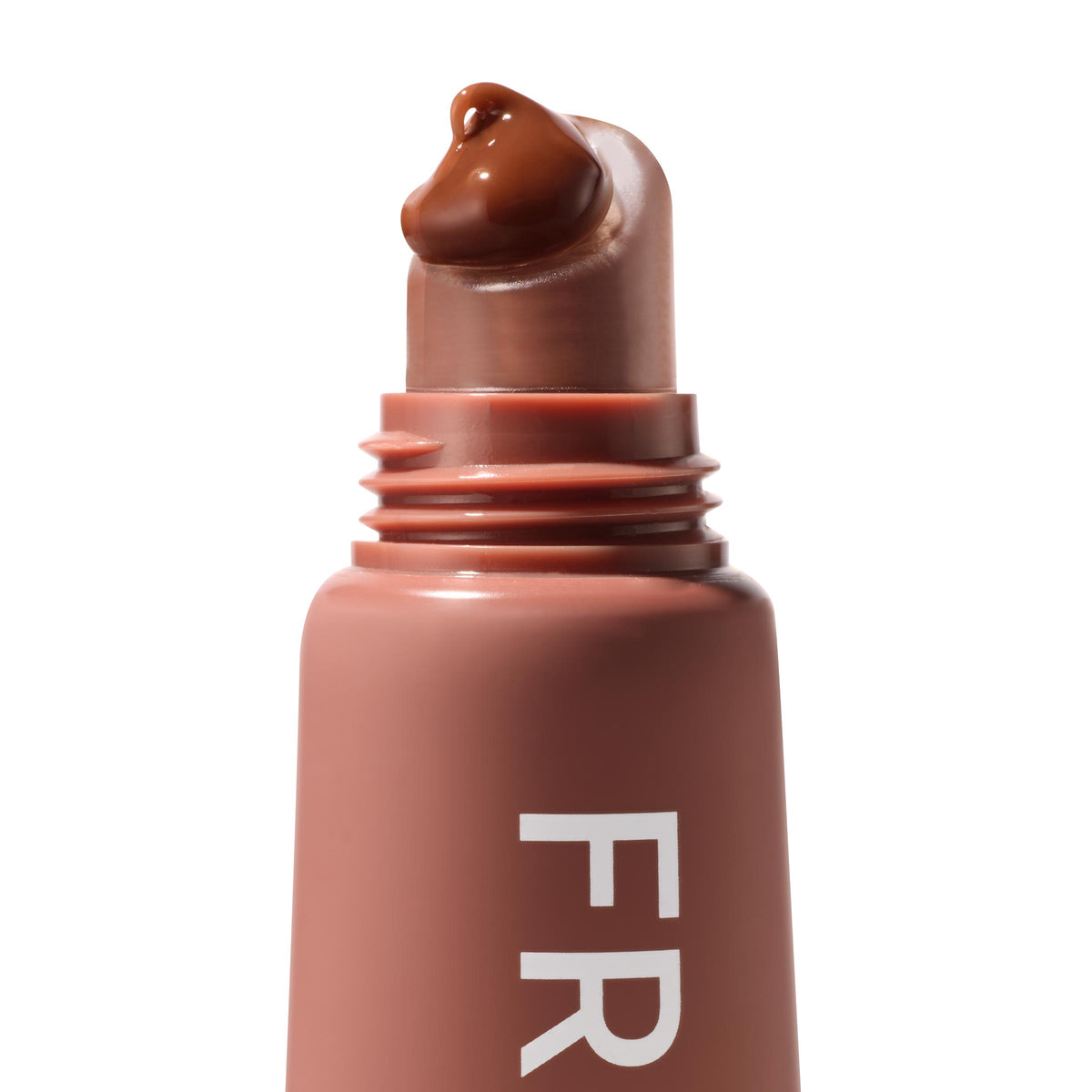 ColourPop Fresh Kiss Glossy Balm in Chocolate Milkshake oozing a dollop of rich chocolate-brown gloss from a slanted macro tip applicator, on a matte rosy squeeze tube with partial “FR” lettering, close-up on white.