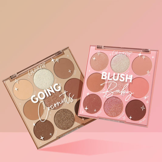 Coconut BB ColourPop Shadow Palette Set displays two 9-pan palettes - Going Coconuts neutrals and Blush Baby rosy pinks - with matte and shimmer shades in clear cases, angled on a pink gradient background for versatile everyday eye makeup.