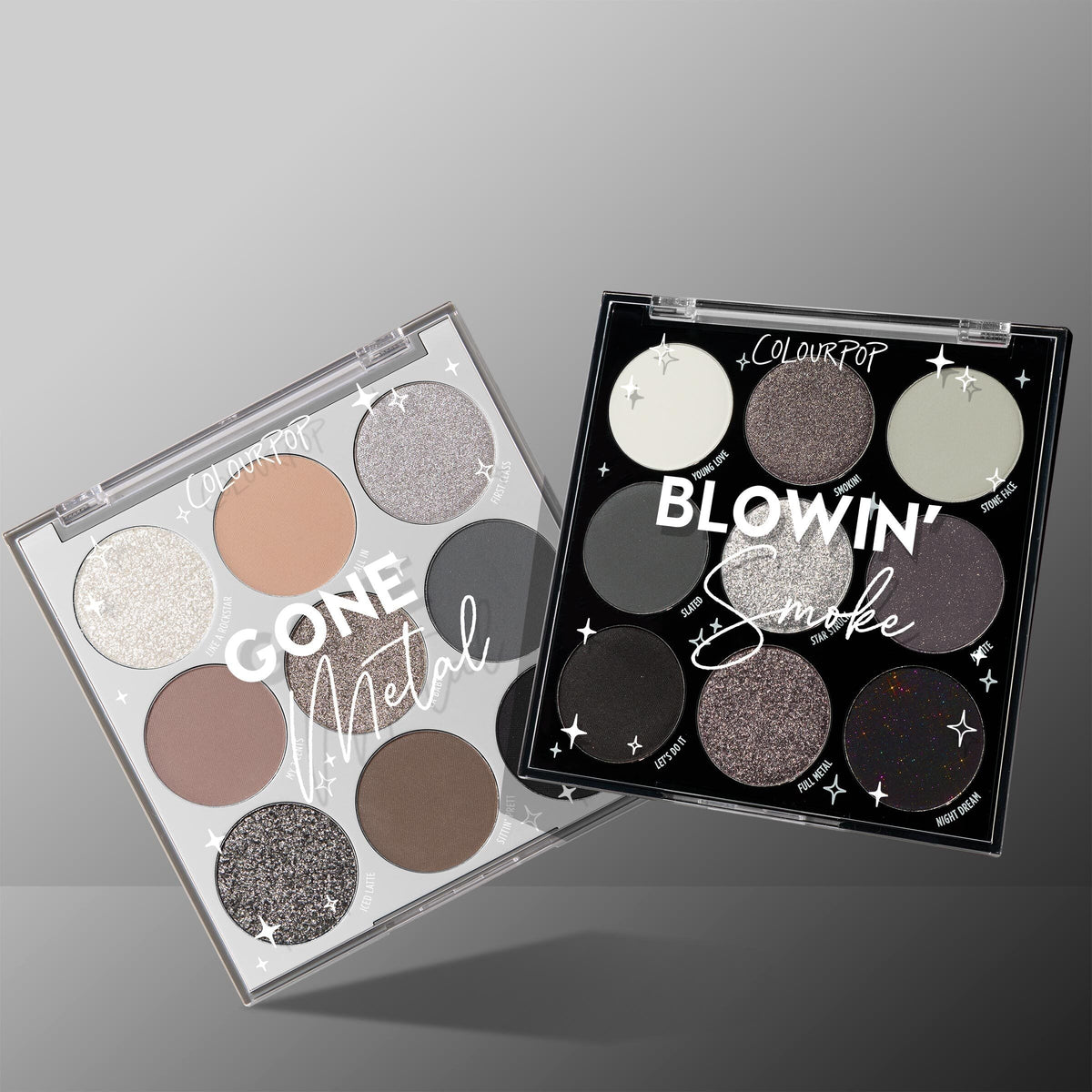 Metal N' Smoke ColourPop Shadow Palette Set shows two open 9-pan palettes - Gone Metal and Blowin' Smoke - overlapping on a gray background with cool-toned silvers, taupes, charcoals, and black mattes and shimmers.