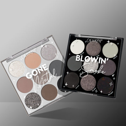 Metal N' Smoke ColourPop Shadow Palette Set shows two open 9-pan palettes - Gone Metal and Blowin' Smoke - overlapping on a gray background with cool-toned silvers, taupes, charcoals, and black mattes and shimmers.