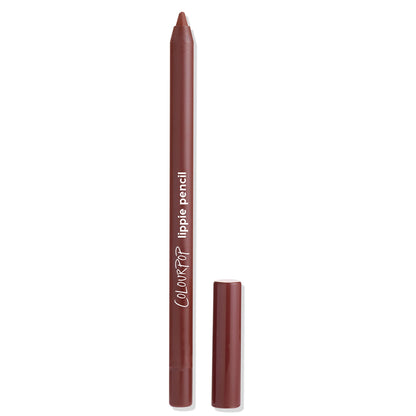 ColourPop Lippie Pencil Grunge lip liner stands upright with cap off, revealing a deep brown tip; matching brown tube with white “lippie pencil” text, cap resting beside on a clean white background.