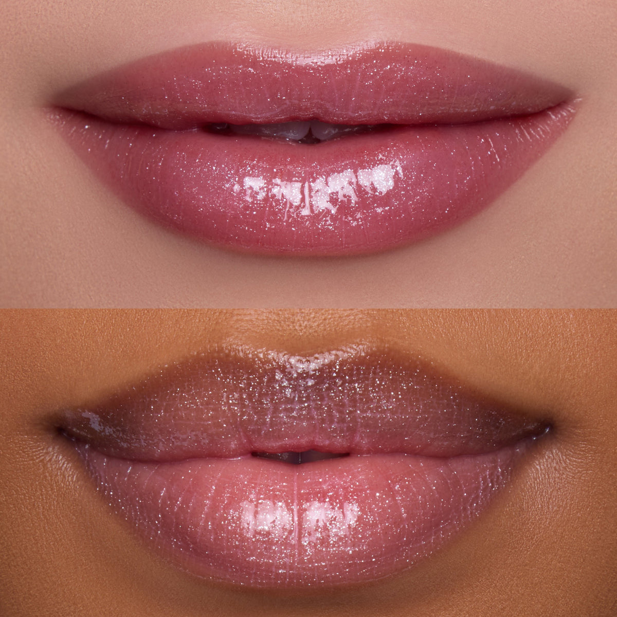 Close-up split screen of two models’ glossy pink lips wearing Heart to Get 2 Good 4 U Blush + UGL Set, showing shimmery, high-shine finish and color payoff on different skin tones against a neutral background.