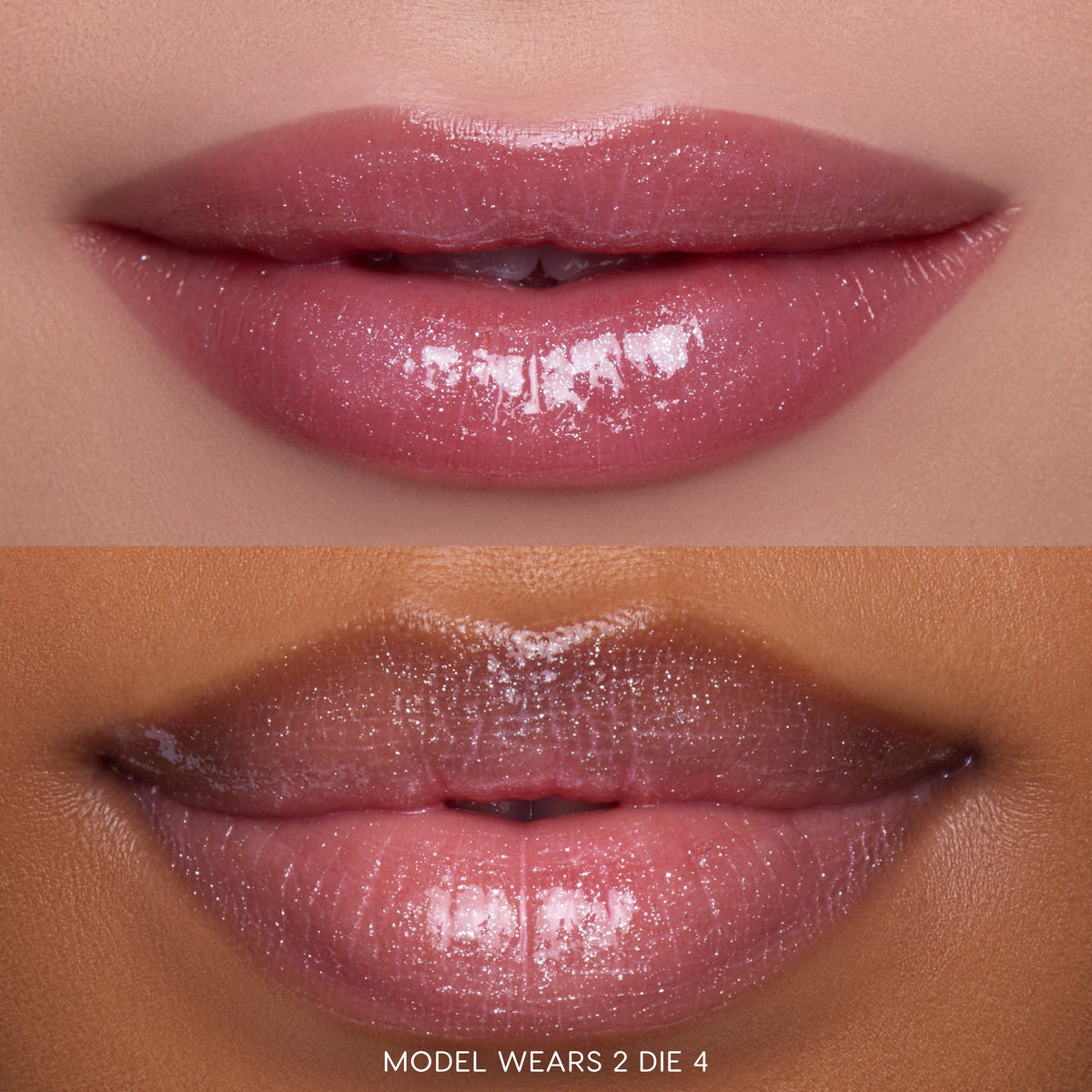 Close-up split image of two models’ lips wearing Gloss Me Up ultra glossy lip set in shade 2 Die 4 from the Heart to Get collection, showing high-shine, shimmery pink gloss on different skin tones against a soft-focus background.