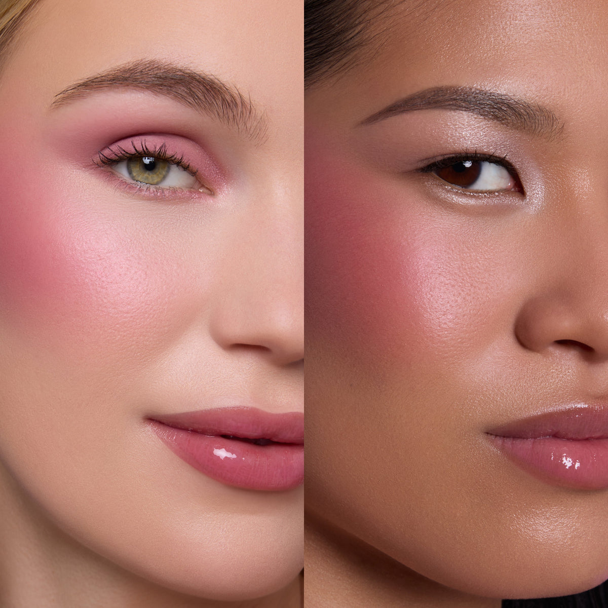 Two models wearing Heart to Get Sorry Not Sorry blush + UGL set, showing vibrant rosy-pink cheeks, soft pink eye shadow, and glossy nude-pink lips on different skin tones in a close-up split-face beauty shot.