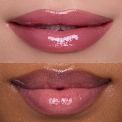 Two close-up shots of glossy, pink lips wearing the Heart to Get Text Me, JK blush + UGL set, showing how the sheer, high-shine lip color flatters different skin tones in a beauty product grid for US makeup shoppers.