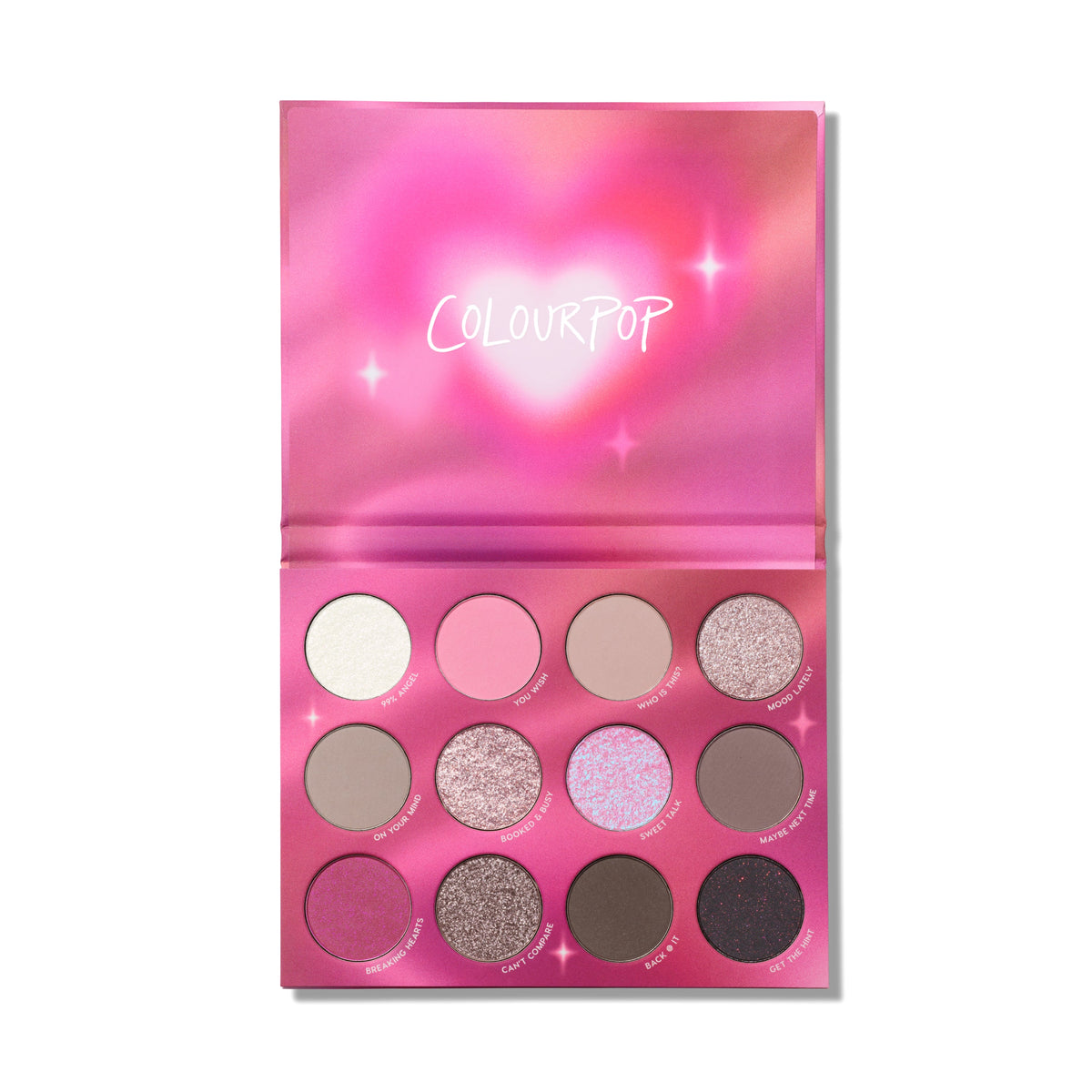 ColourPop Heart to Get shadow palette lying open, showing 12 pink, mauve, brown and glitter eyeshadows in a bright pink compact with a glowing heart design on the lid, ideal for romantic soft glam eye looks.