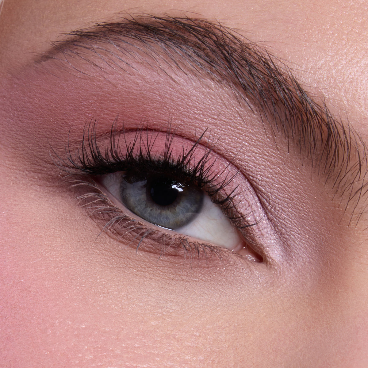 Close-up of a blue-gray eye wearing soft pink shimmer and matte shadows from the Heart to Get shadow palette, with long defined lashes and groomed brow showcasing a romantic everyday eye look for US makeup lovers.