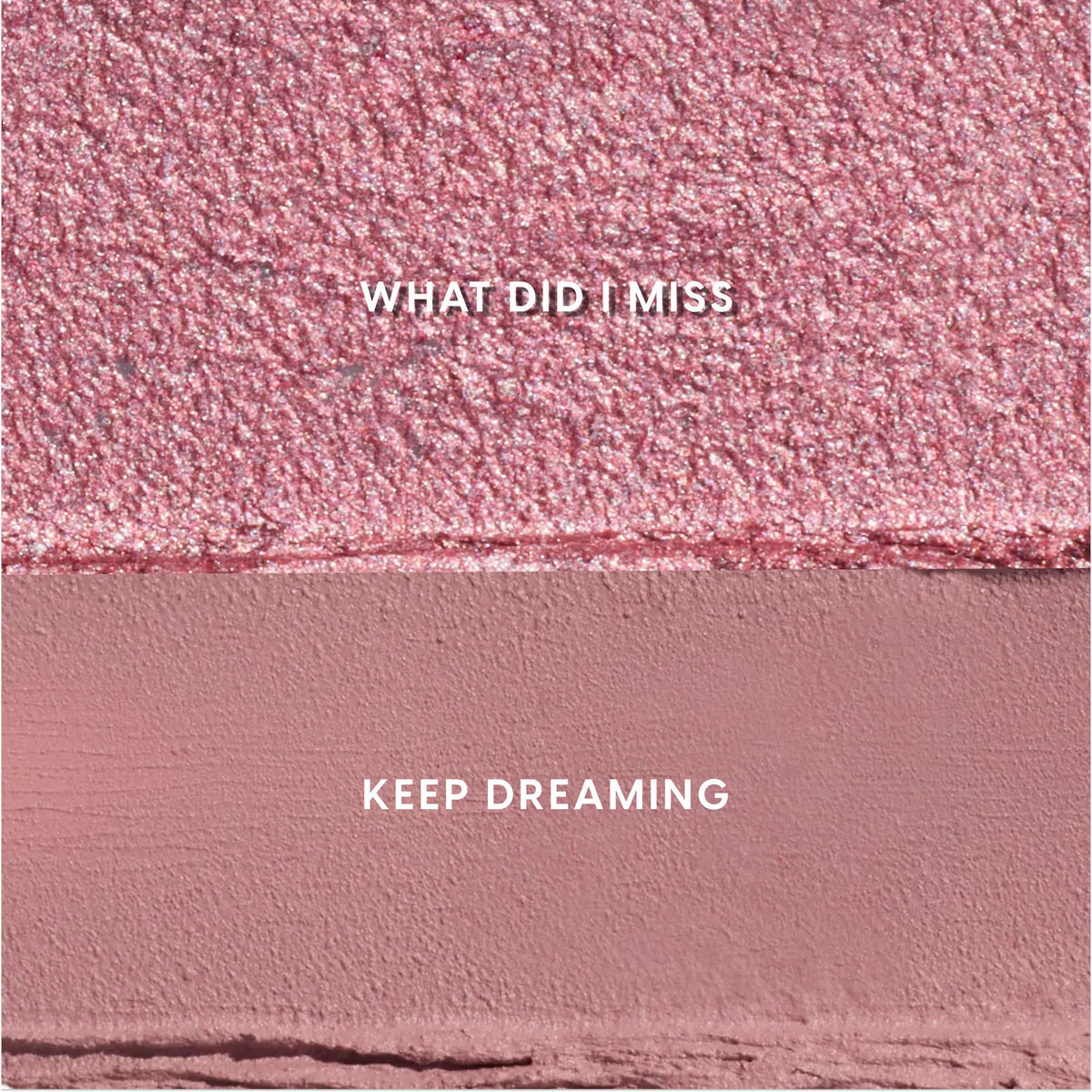 Heart to Get Love At First Swipe Shadow Stix swatches showing two pink shades, a shimmering rose labeled “What Did I Miss” above a matte mauve labeled “Keep Dreaming,” displayed in a close-up textured grid for US makeup shoppers.