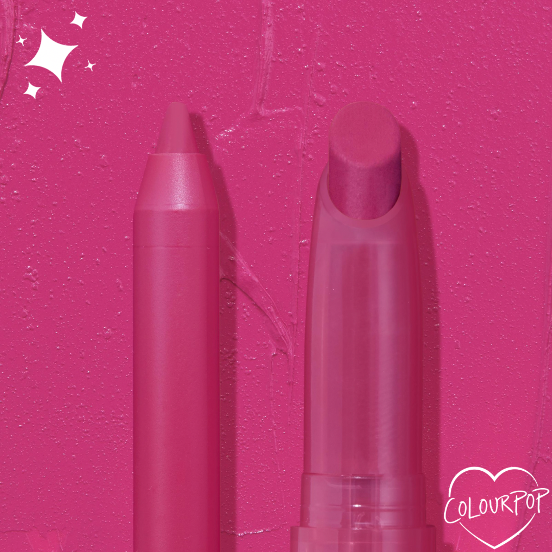 Heart On ColourPop Lippie Pencil stands upright beside a matching lip crayon against a vibrant fuchsia swatch background with sparkle accents and a ColourPop heart logo, highlighting the bold pink shade for precise lip lining.