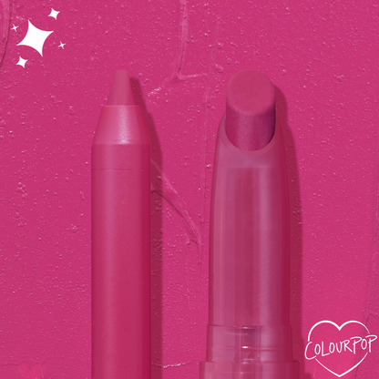 Heart On ColourPop Lippie Pencil stands upright beside a matching lip crayon against a vibrant fuchsia swatch background with sparkle accents and a ColourPop heart logo, highlighting the bold pink shade for precise lip lining.