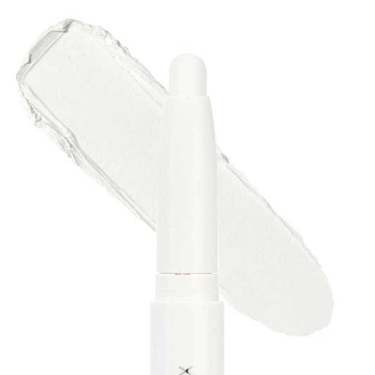 Hey Boo Shadow Stix glides a creamy matte white eyeshadow swatch on a white backdrop, showing the twist-up crayon tip and smooth texture; ColourPop Shadow Stix ideal for brightening lids, highlighting, or priming.