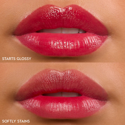 Lips wearing ColourPop Lip Stain in A Little Dramatic, split view showing finishes: top glossy high-shine coat, bottom soft stained tint in vivid berry pink, close-up swatch highlighting hydrating, long-wear lip color.