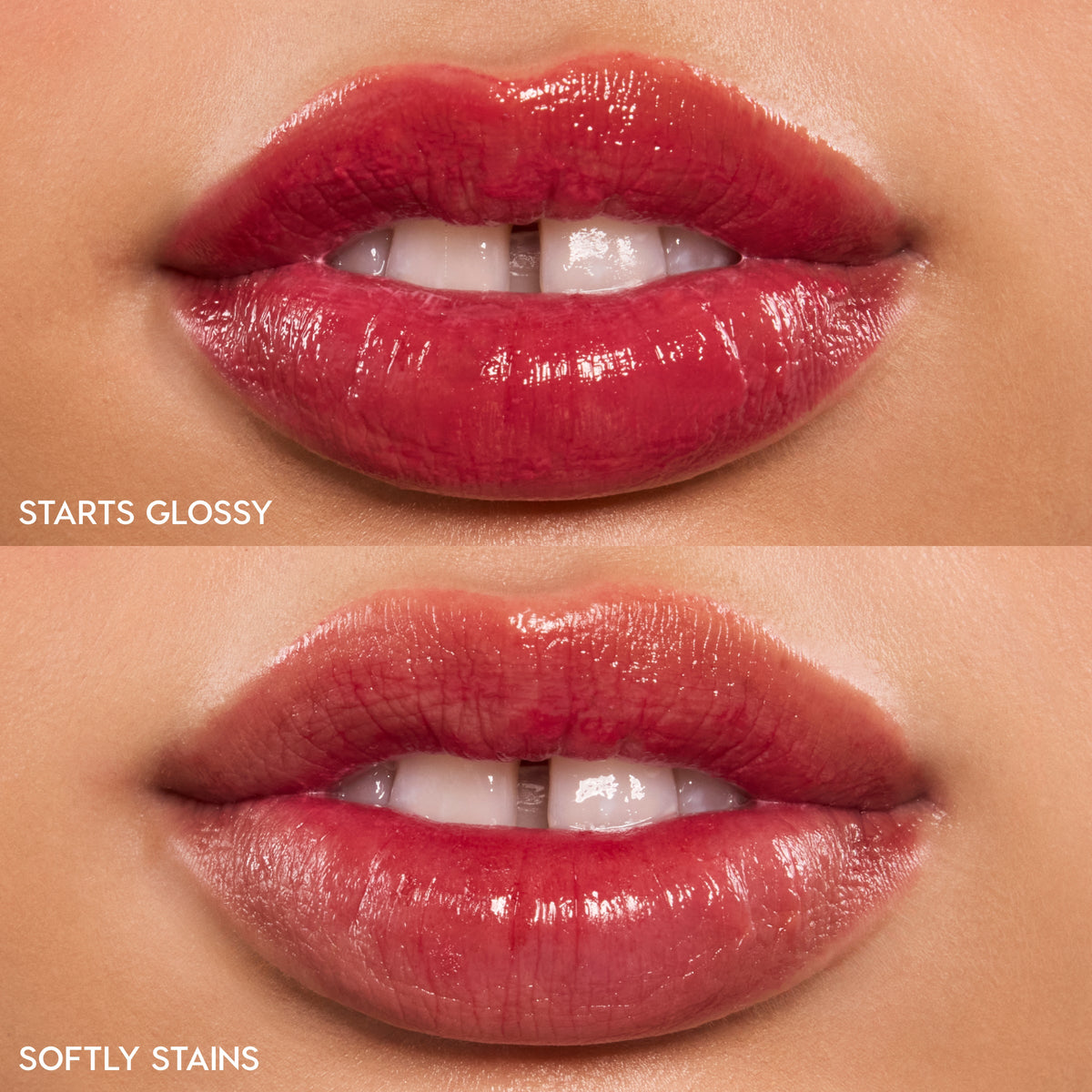 Close-up lips wearing Mantra ColourPop Lip Stain, showing two finishes: top displays a glossy, high-shine berry-rose color, while bottom shows a softer stained tint, illustrating pigment payoff and sheen on natural skin.