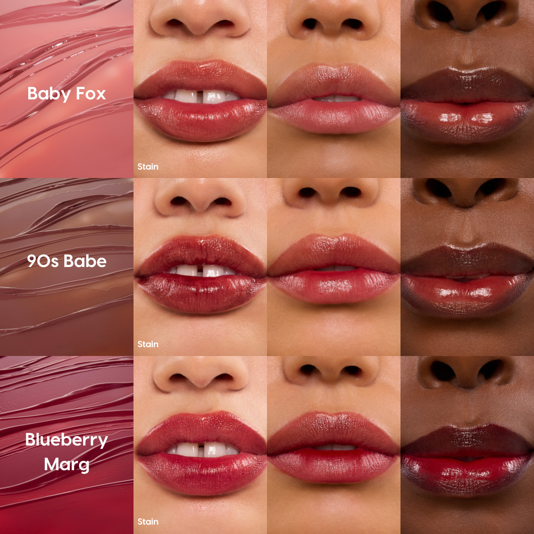 Everyday Besties ColourPop Lip Stain swatches showcasing shades Baby Fox, 90s Babe, and Blueberry Marg - applied on four model lips across light to deep skin tones in a 3x4 grid, highlighting sheer, glossy stain payoff and color differences.