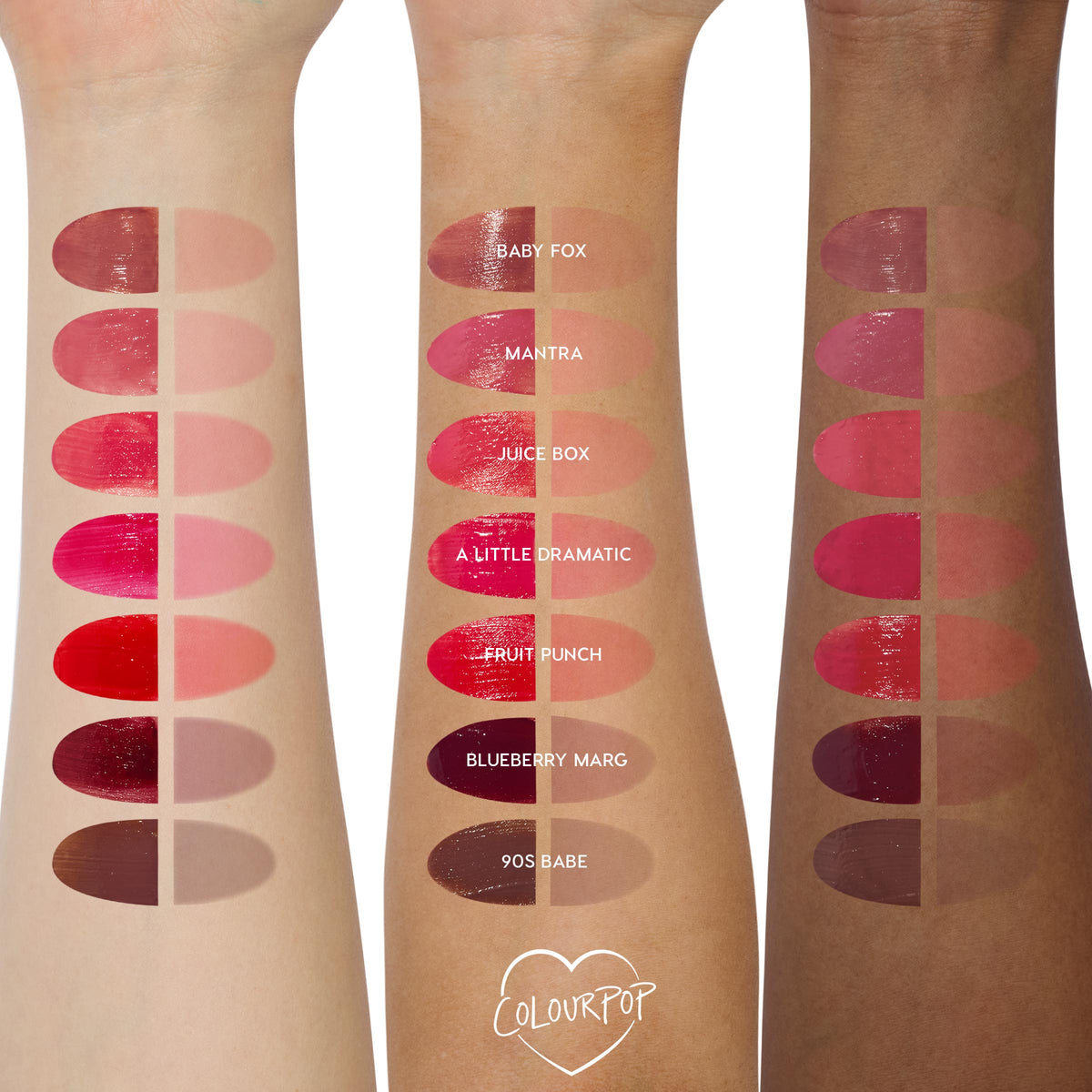 Colourpop Very Berry lip stain swatched on three skin tones, showing glossy berry-red pigmentation and coverage alongside other HydraPop Lipstick & Lip Stains shades on forearms against a white background.