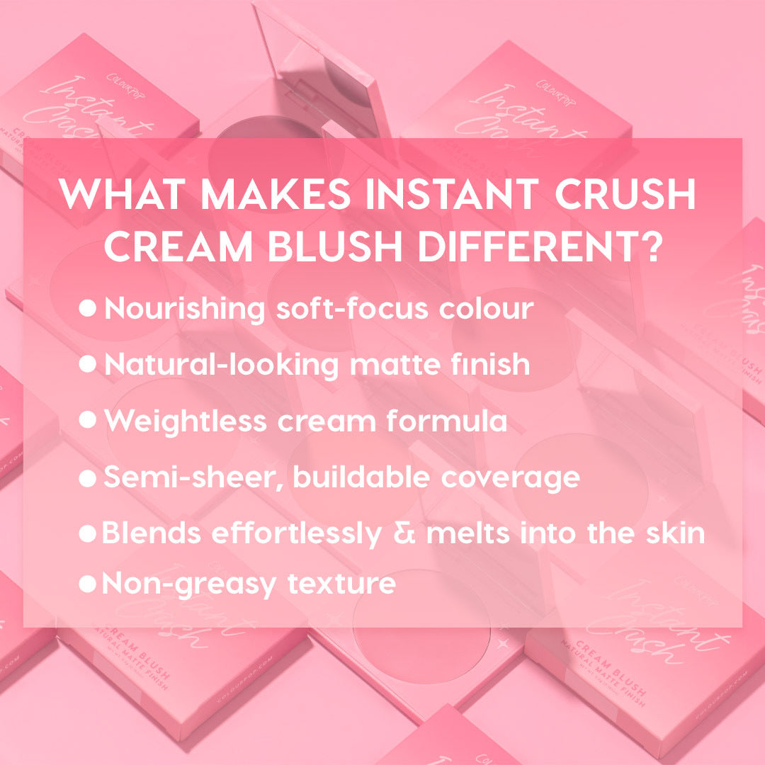ColourPop Cream Blush Whole Mood compact highlights Instant Crush benefits - nourishing soft-focus color, natural matte finish, weightless cream, semi-sheer buildable coverage, blends effortlessly, non-greasy - in a pink flat lay of open and closed pans.