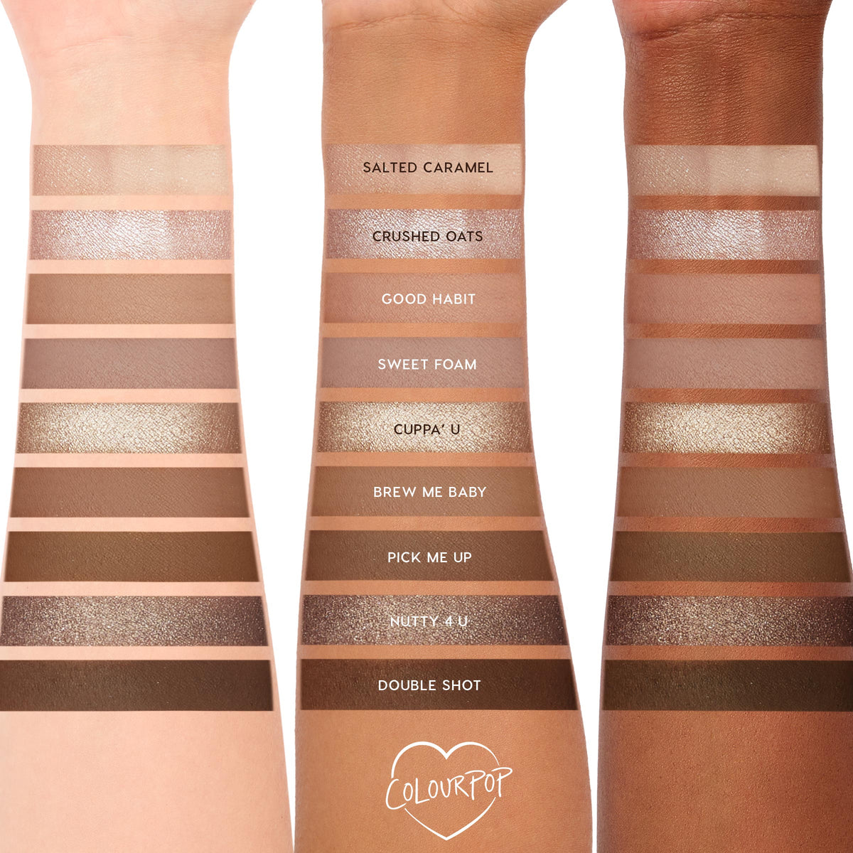 Deja Brew ColourPop Shadow Palette swatches run across three forearms, showcasing ten neutral matte and shimmer eyeshadows - Salted Caramel to Double Shot - labeled and ranging from creamy beige to espresso brown for everyday eye looks.