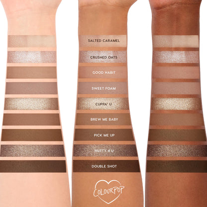 Deja Brew ColourPop Shadow Palette swatches run across three forearms, showcasing ten neutral matte and shimmer eyeshadows - Salted Caramel to Double Shot - labeled and ranging from creamy beige to espresso brown for everyday eye looks.