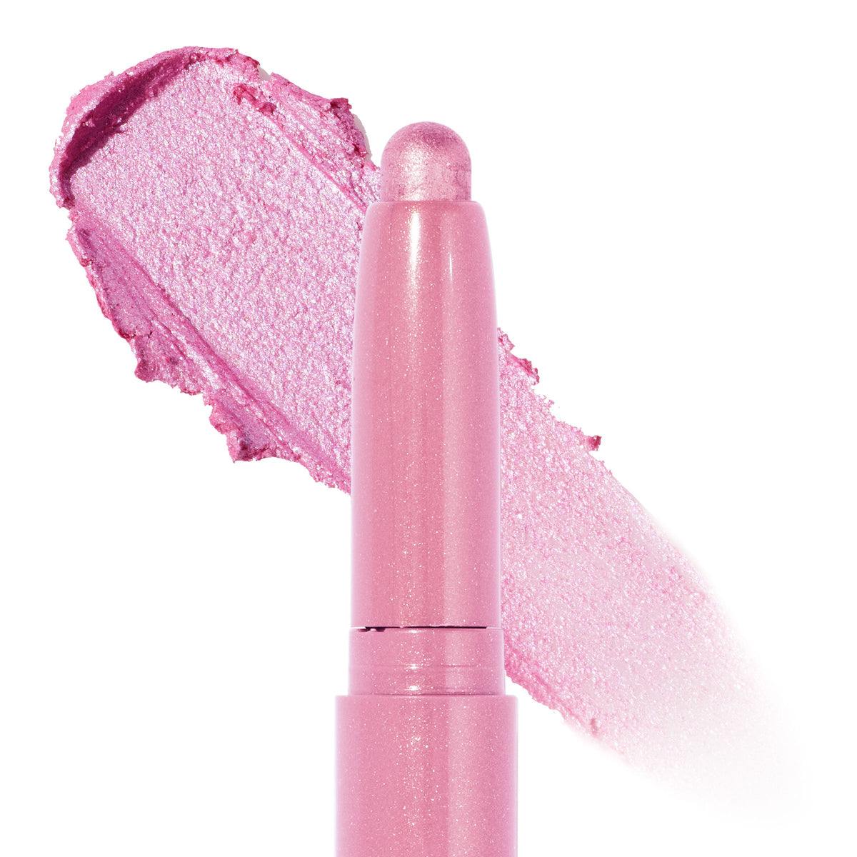 ColourPop Shadow Stix Juicy Gossip shows its rounded bullet tip with a wide swipe of creamy, shimmery cool pink behind it, highlighting the metallic finish and twist-up crayon design on a clean white background.