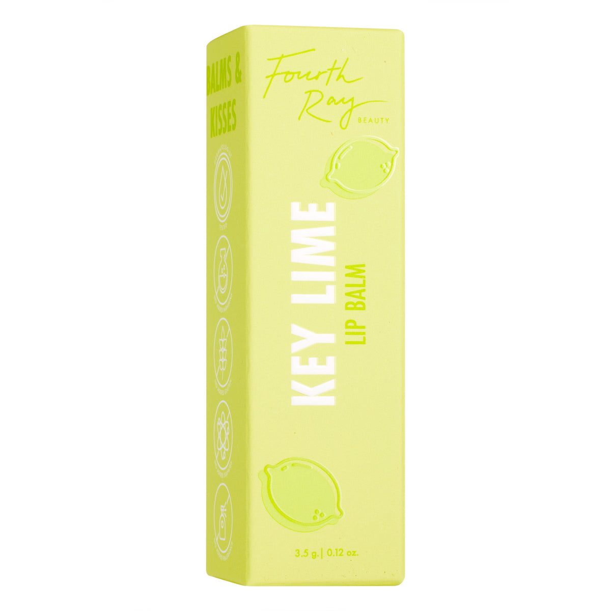 Key Lime lip balm box standing upright, featuring lime-green Fourth Ray Beauty packaging with lime illustrations and bold KEY LIME LIP BALM text, 3.5 g/0.12 oz, on a white studio background; a zesty ColourPop Lip Balm option.