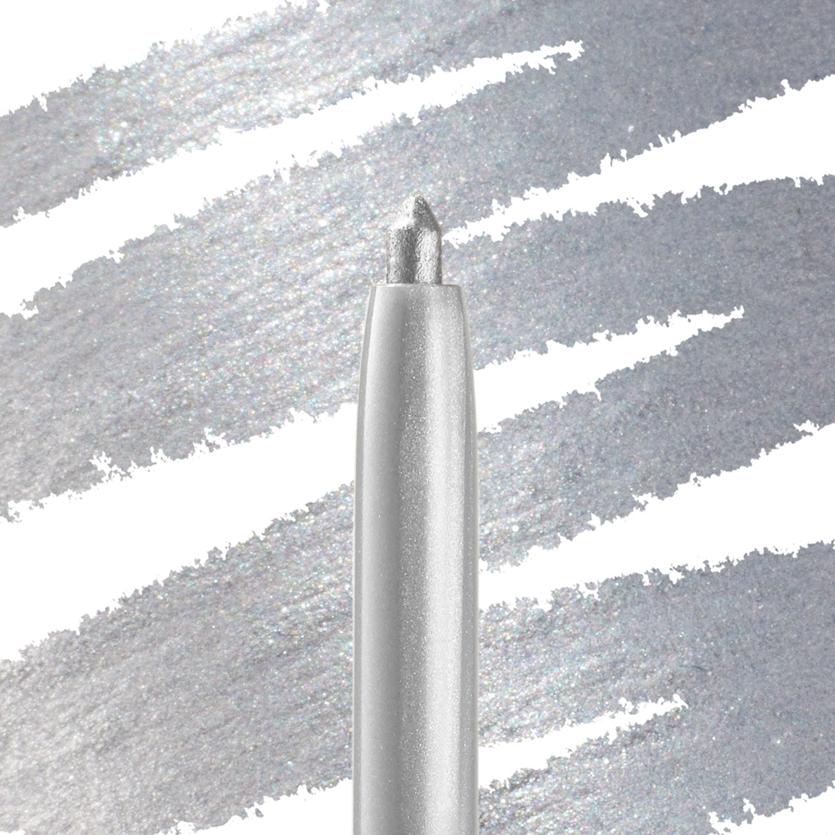 ColourPop Crème Gel Liner in Kicker, a retractable metallic silver eyeliner, shown with the tip extended and drawing bold shimmering swatches across a white-and-silver backdrop; smooth, long-wear formula for precise lines.