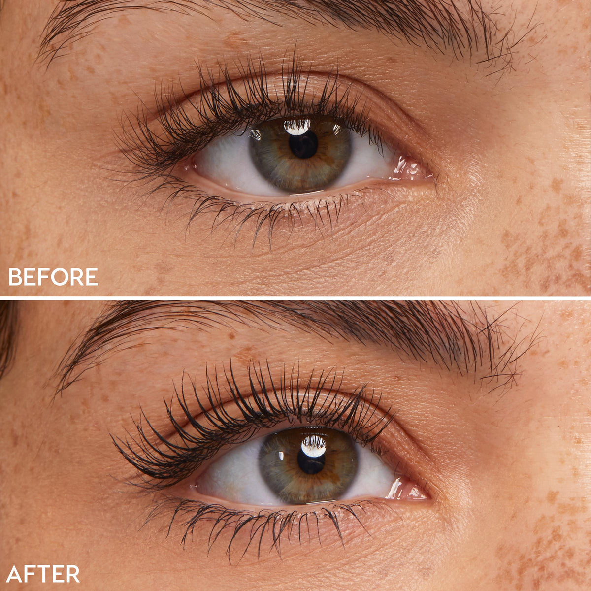 Eyelashes lengthening - macro before-and-after shows natural lashes versus lifted, fanned-out lashes after applying ColourPop Brown Lengthening Mascara, highlighting defined separation, curl, and extra length on a single hazel eye with light freckles.