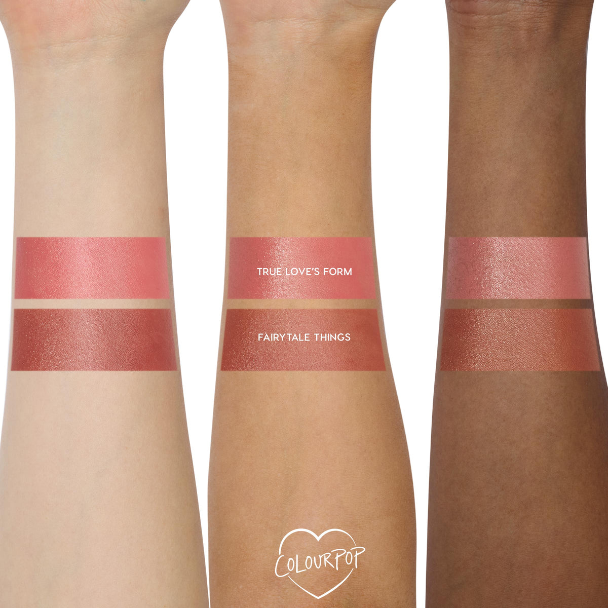 ColourPop Lip and Cheek Balm swatches, Fairytale Things shade, sweep across three arms (light, medium, deep) beneath a comparison stripe labeled True Love’s Form, showing a rosy mauve, dewy finish for lips and cheeks.