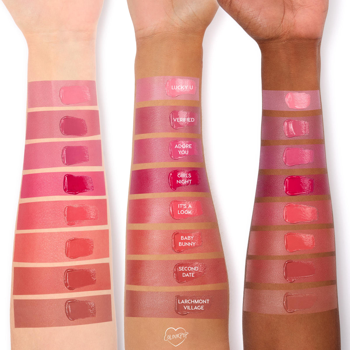 ColourPop TTS Exclusive Second Date Lip and Cheek Balm swatched on three forearms in a lineup of labeled shades, showing a mid‑tone rosy tint with a dewy sheen across light, medium, and deep skin tones for lips and cheeks.
