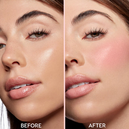 Model’s face wearing Baby Bunny ColourPop Lip and Cheek Balm shows a dewy soft‑pink flush on the right cheek and glossy lips in a split before‑and‑after close‑up, demonstrating natural, buildable color and glow.