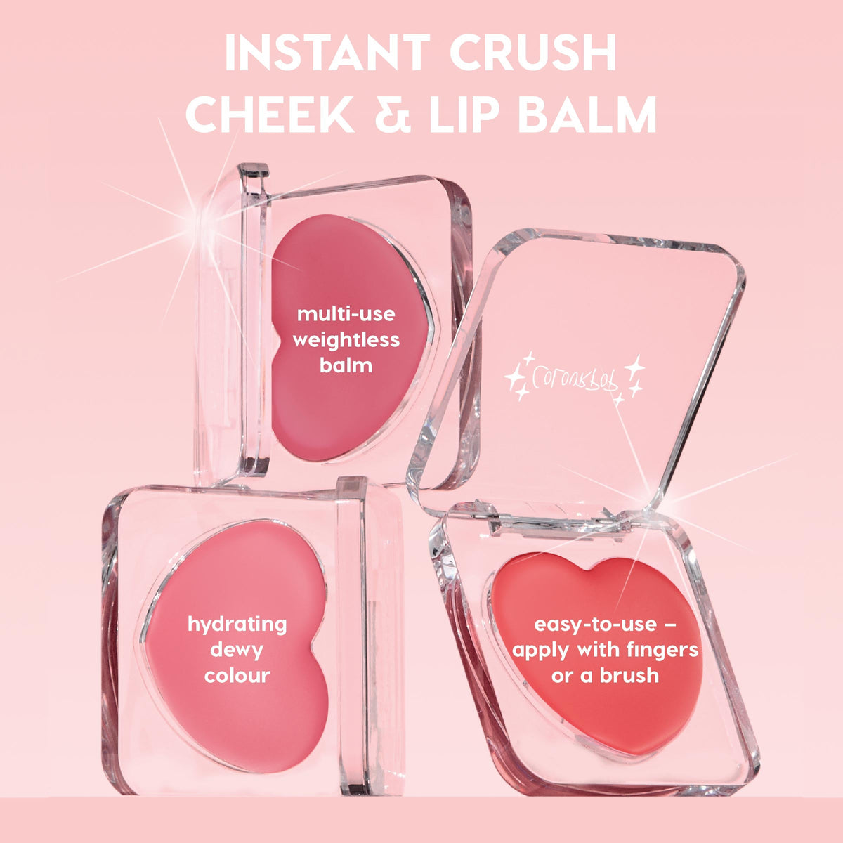 Heart-shaped It’s a Look ColourPop Lip and Cheek Balm compacts sit open to showcase dewy pink color, a weightless multi-use formula, and easy finger-or-brush application, nestled in clear acrylic cases on a soft pink background.