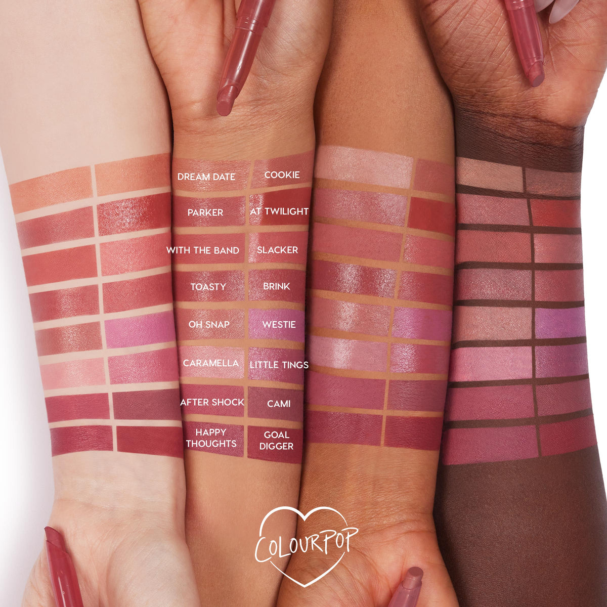 Caramella Lippie Stix swatch glides across three forearms, shown among labeled shades from the ColourPop Lippie Stix collection; rosy‑nude pigment and creamy finish displayed with Lippie Stix pens in frame for a multi‑skin‑tone comparison.