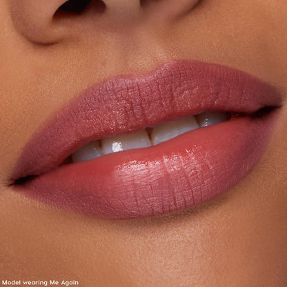 Full lips lined and softly filled with ColourPop Lippie Pencil in Me Again, showcasing a creamy rosy‑mauve finish and precise definition, demonstrating The Lil Box of Lippie Pencils color payoff in a tight beauty close-up.