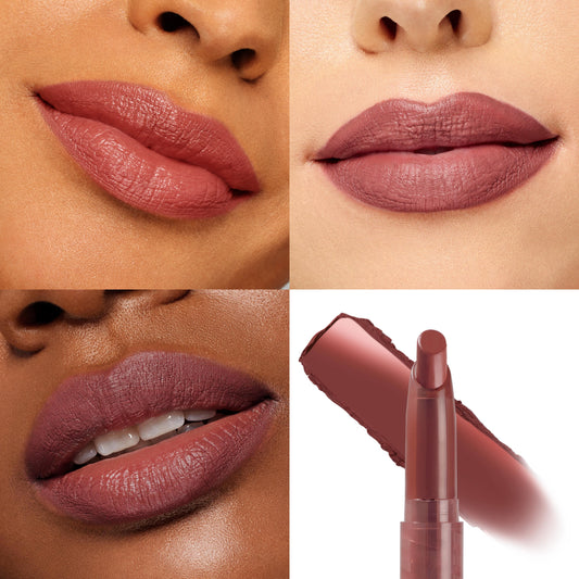 Kapish Lippie Stix coats three sets of lips in a grid with a rosy mauve shade, showing smooth, full-coverage color on multiple skin tones, while the ColourPop Lippie Stix bullet and a shade swipe appear on a white background.