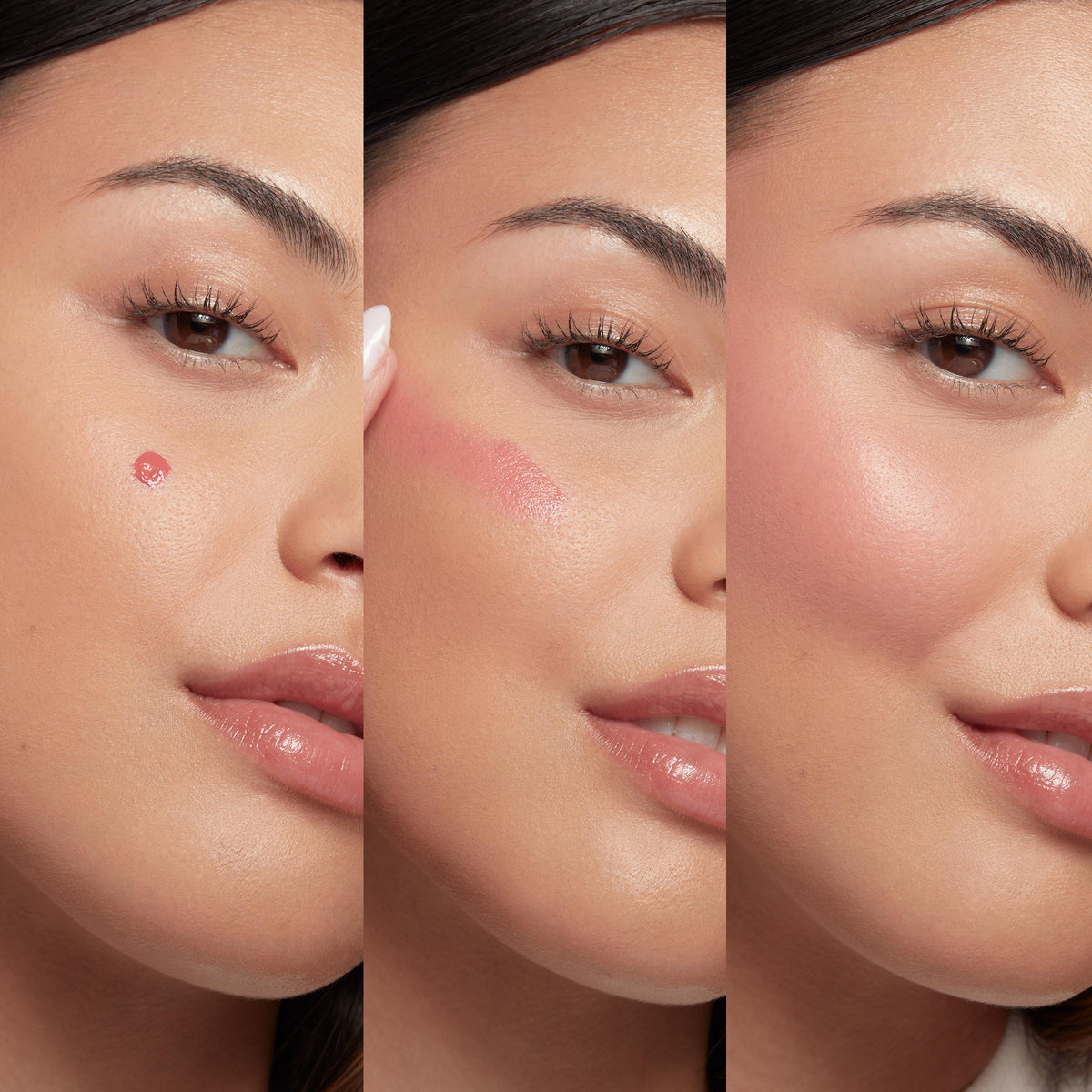 IKTR ColourPop Liquid Blush dot on a model's cheek, blended with a fingertip, then revealed as a soft pink, dewy flush in a three-panel close-up, showing step-by-step application and buildable, seamless color for everyday makeup.