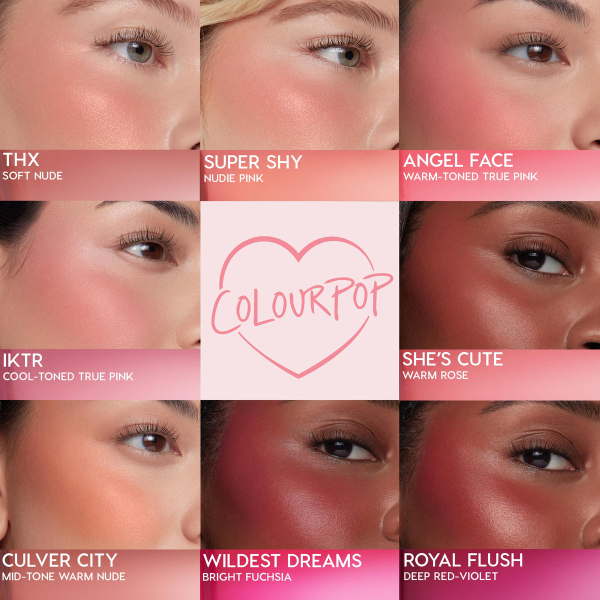 She’s Cute ColourPop Liquid Blush delivers a warm rose glow on a model’s cheek, shown in a nine-panel grid with other shade swatches and a heart-shaped ColourPop logo, highlighting its dewy finish and rich pigment.