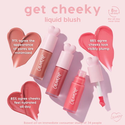 ColourPop Liquid Blush Super Shy tubes with heart-shaped caps rest on a pastel pink background, one opened to reveal a doe-foot applicator, beside heart swatches; graphic highlights 8-hour wear, minimized pores, and plump, hydrated cheeks.