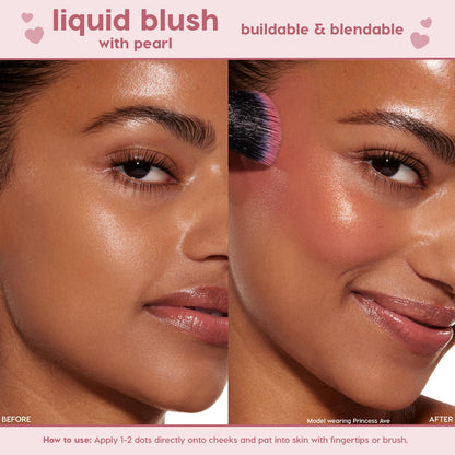 ColourPop City Walk Liquid Blush with pearl finish is brushed onto a model’s cheek, showing a buildable, blendable rosy glow in a split-screen before-and-after close-up against a clean backdrop.