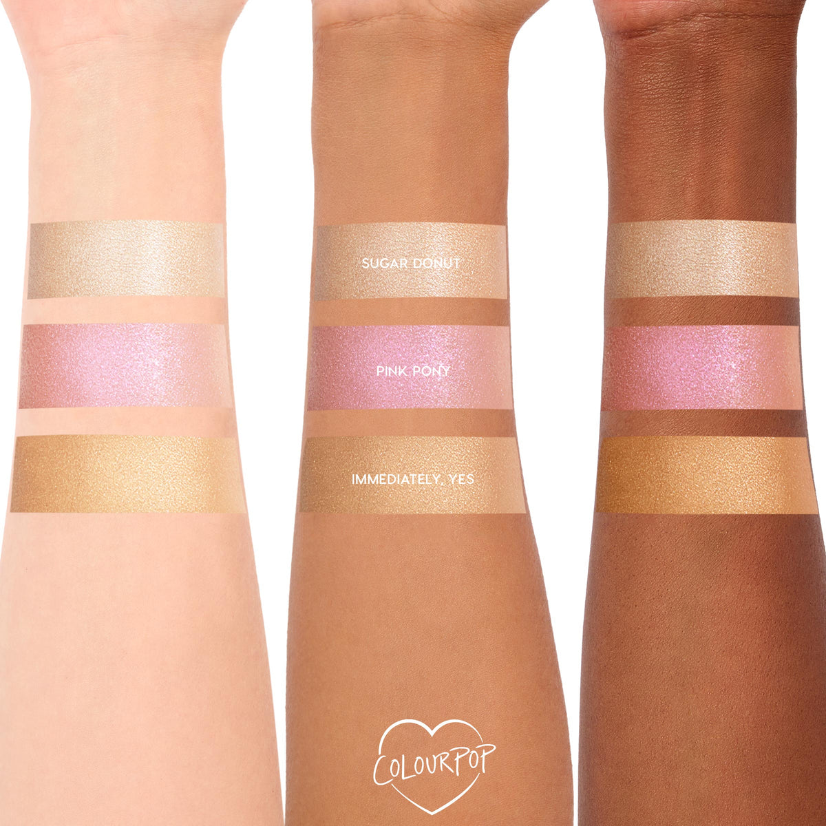 Pink Pony ColourPop Liquid Highlighter swatched on three arms, showing a luminous pink pearl sheen between shades Sugar Donut and Immediately, Yes; reflective shimmer across light, medium, and deep skin tones for easy shade comparison.