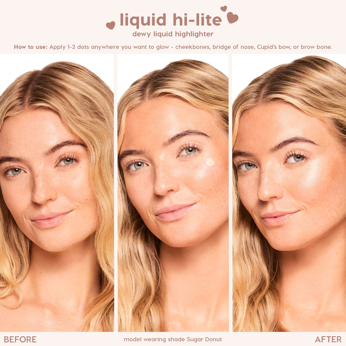 Model applying Colourpop Pink Pony liquid highlighter with three side-by-side before, during, and after shots, showing dewy glow on cheekbones to demonstrate Bronzer & Highlighter application results.