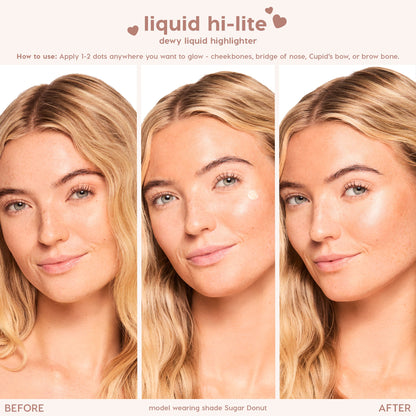 Model applying Colourpop Pink Pony liquid highlighter with three side-by-side before, during, and after shots, showing dewy glow on cheekbones to demonstrate Bronzer & Highlighter application results.
