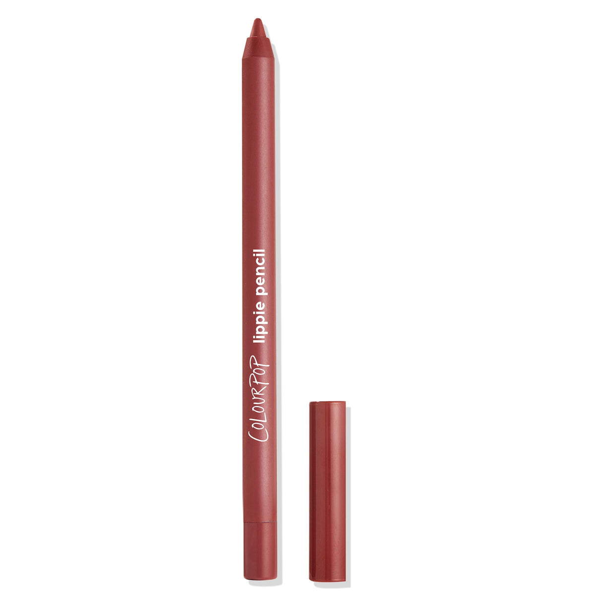 Love Bug ColourPop Lippie Pencil stands uncapped to show its sharpened tip, the warm terracotta-rose lip liner with matching cap set beside it on a white background, featuring the ColourPop logo on the barrel for a clean product close-up.