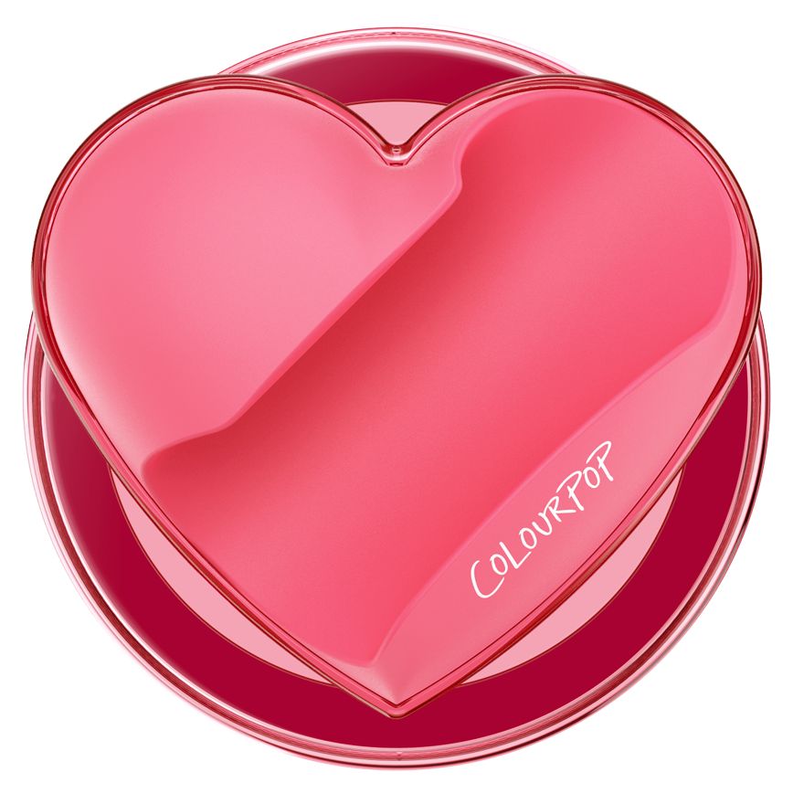 Heart-shaped pink compact labeled ColourPop displays Pop Stars lip stain, the translucent lid revealing a rich berry stain in a round pot, centered on a clean white background for ecommerce; ColourPop Lip Stain.