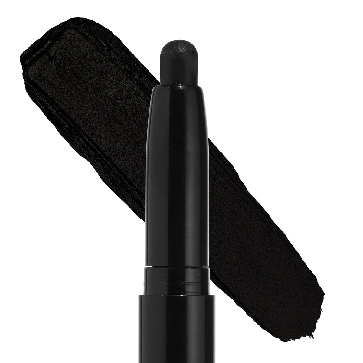 Midnight Hour ColourPop Shadow Stix delivering intense black pigment, shown uncapped with a rounded tip beside a thick swipe swatch on a white background, a creamy eyeshadow stick for bold smoky‑eye looks.