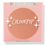 No Rules ColourPop Pressed Powder Blush displays a warm peach pan in a pink square compact with a clear lid, white ColourPop logo, and star sparkles, shown closed against a white background.