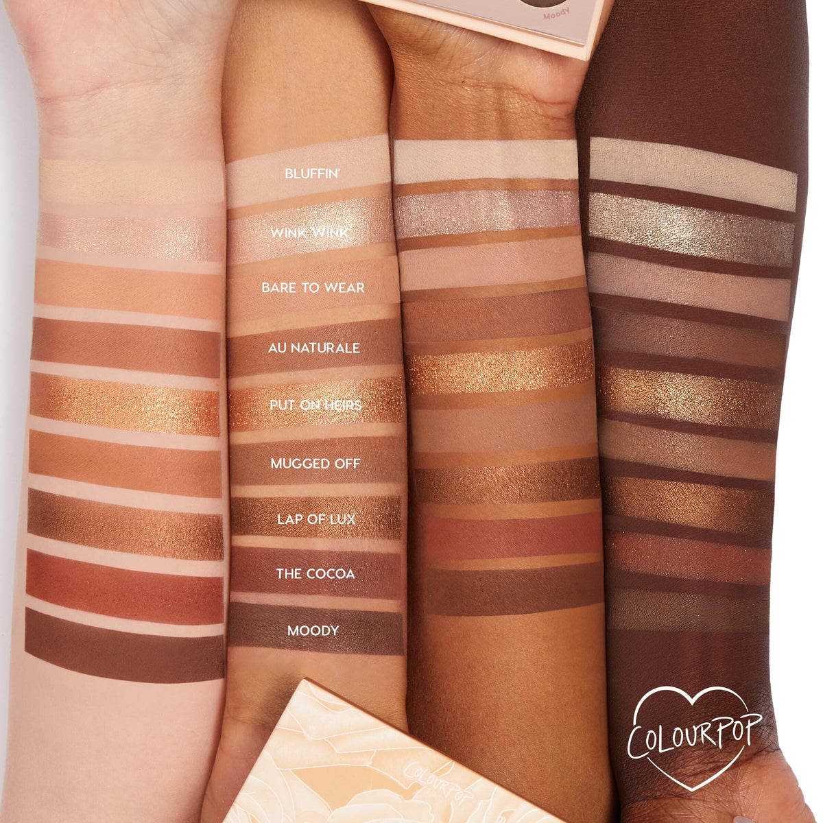 ColourPop Shadow Palette Nude Mood swatches across three arms (light, medium, deep), showing nine neutral mattes and metallics - Bluffin’, Wink Wink, Au Naturale, Lap of Lux, and Moody - from pale beige to rich cocoa; palette corner visible.