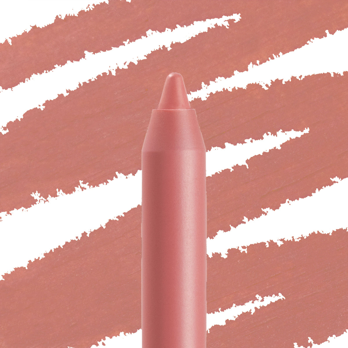 ColourPop Lippie Pencil Oh Snap stands upright with a precise tip, displaying a rosy nude pink‑mauve shade; bold, angled swatch strokes in the matching color fill the background to show pigment and payoff.