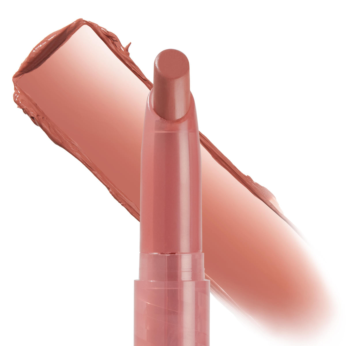 Oh Snap ColourPop Lippie Stix stands upright, bullet tip exposed, with a wide rosy nude swatch swiped behind on white, highlighting the slim pink tube and creamy pigment of this Lippie Stix lipstick.