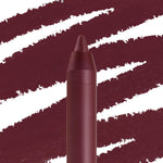 ColourPop Lippie Pencil On Ice draws deep burgundy wine strokes on a white backdrop, the sharpened tip in close-up highlighting precise lip lining and rich pigment.